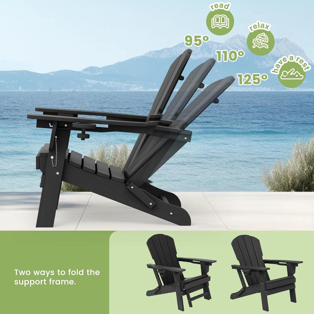 Folding Adjustable Adirondack Chair with Retractable Ottoman, HDPE Recliner Adirondack Chair with Cup Holder for Deck