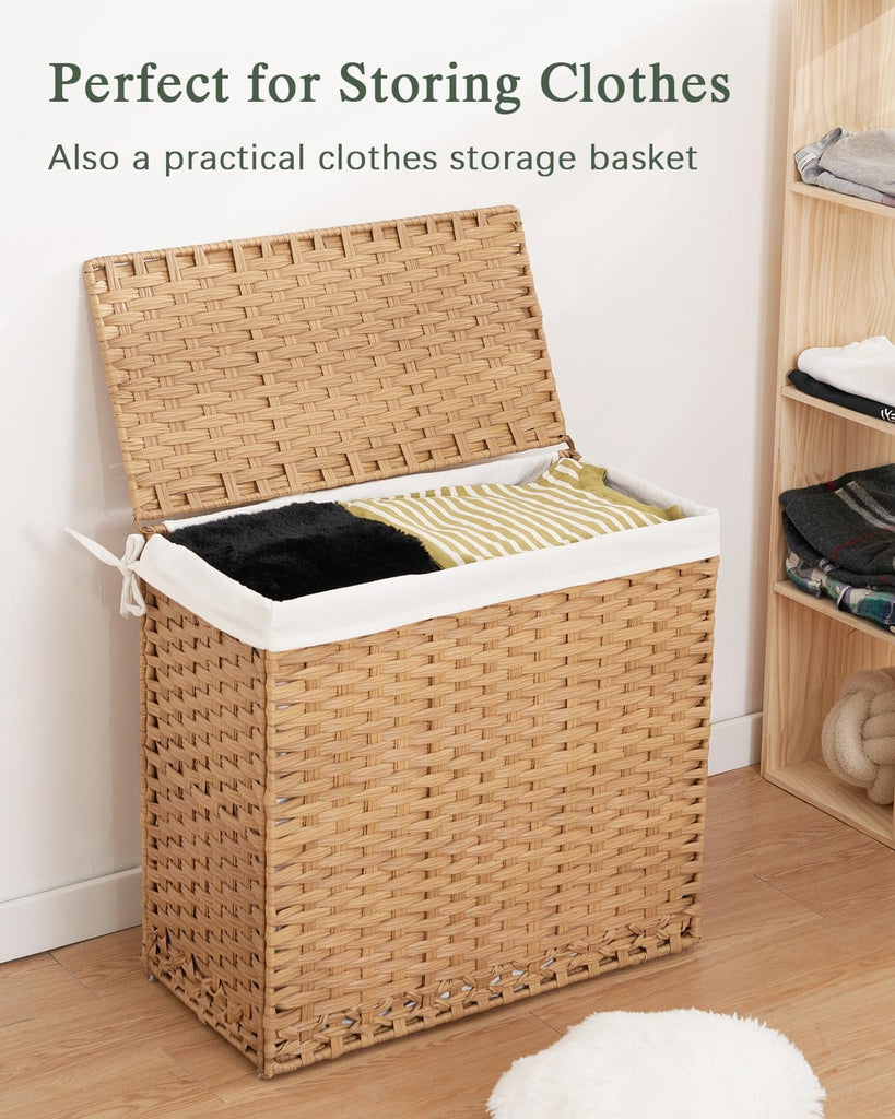 Laundry Hamper with Lid Laundry Basket 132 L PE Rattan Natural | Decorative PE Rattan Furniture Look , Large Sorting