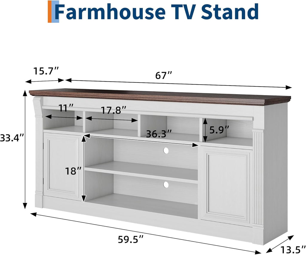 Farmhouse TV Stand for TVs Up to 75", Entertainment Center with Open Storage & Adjustable Shelves, TV Console with Doors for Living Room and Bedroom