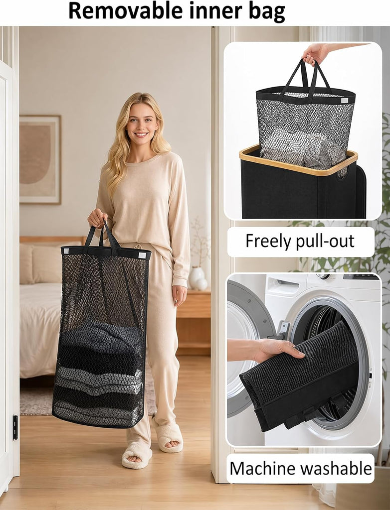 Laundry Hamper with Lid, 110L Laundry Basket with Bag,Black | Dirty Clothes Hamper Basket with Bamboo Handle for