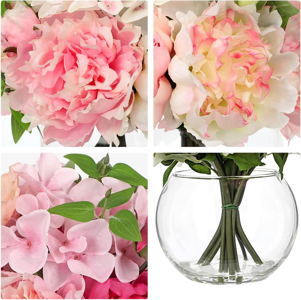 Artificial Flower in Vase, Faux Silk Flowers Arrangement Peony Hydrangea Poppy Eucalyptus Bouquet with Faux Water