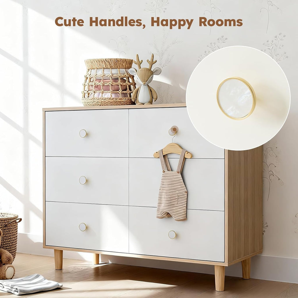 White Dresser , 6 Drawer Dressers with Solid Wood Legs, Baby Dresser for Kids, Storage for Clothes and Baby Essentials
