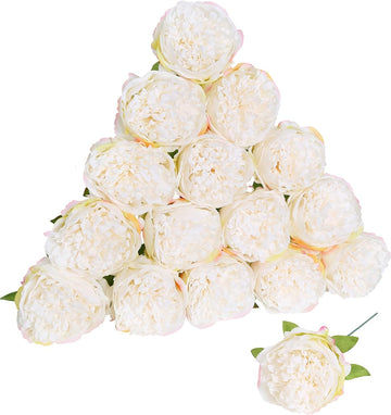 Peony Artificial Flowers Fake Peonies Bulks Cream White Silk Peonies Flowers Faux Peony Flowers Heads - Set of 16