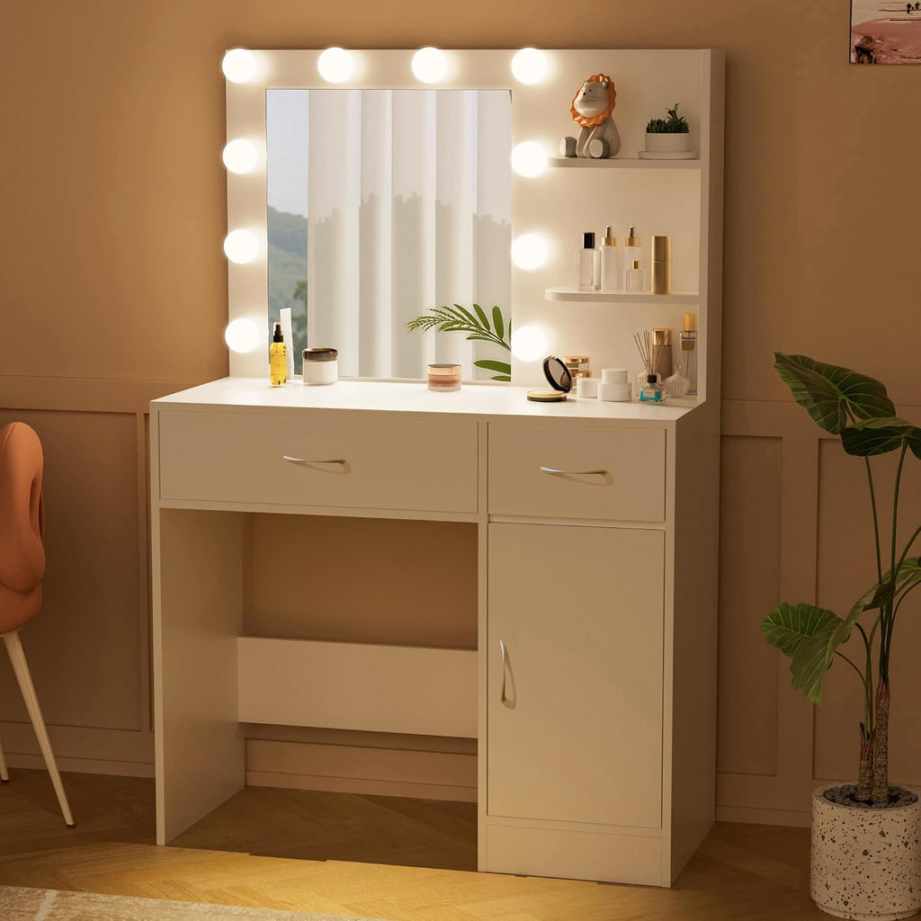 35.4" White Makeup Vanity Desk with 10 Hollywood Light Bulbs | Dimmable Lighting, Large Mirror, Storage Cabinet