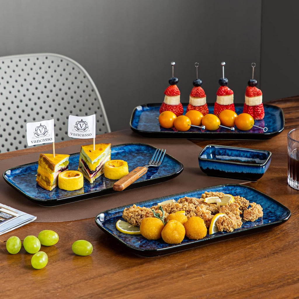 Stern Serving Platters Set of 4, 11 Inches Rectangular Ceramic Serving Plates, Blue Serving Trays for Entertaining