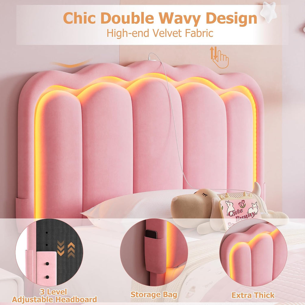 Twin Upholstered LED Bed Frame with Storage Drawer and Adjustable Chic Double Wavy Headboard, Velvet Princess