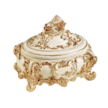 Oliviana Covered Box - Resin - Ivory, Gold - Victorian Style - Acanthus Leaves - Vintage Decor for Jewelry, Trinkets
