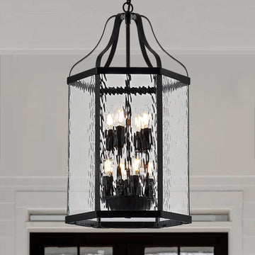 14" Modern 8-Light Exterior Black Lantern Pendant Light Fixture with Clear Rippled Glass Mini Industrial Hanging Cage