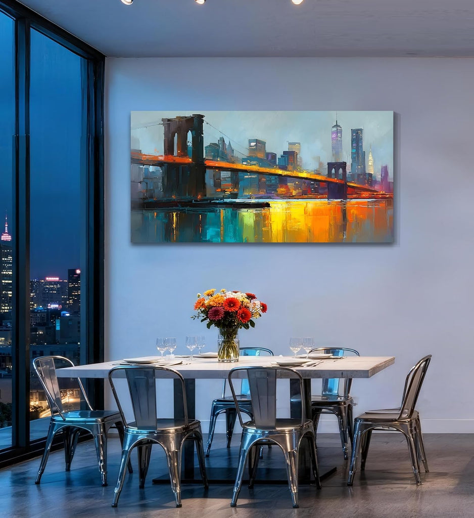 New York Brooklyn Bridge Canvas Wall Art | HD Print, night view cityscape painting, artwork for wall