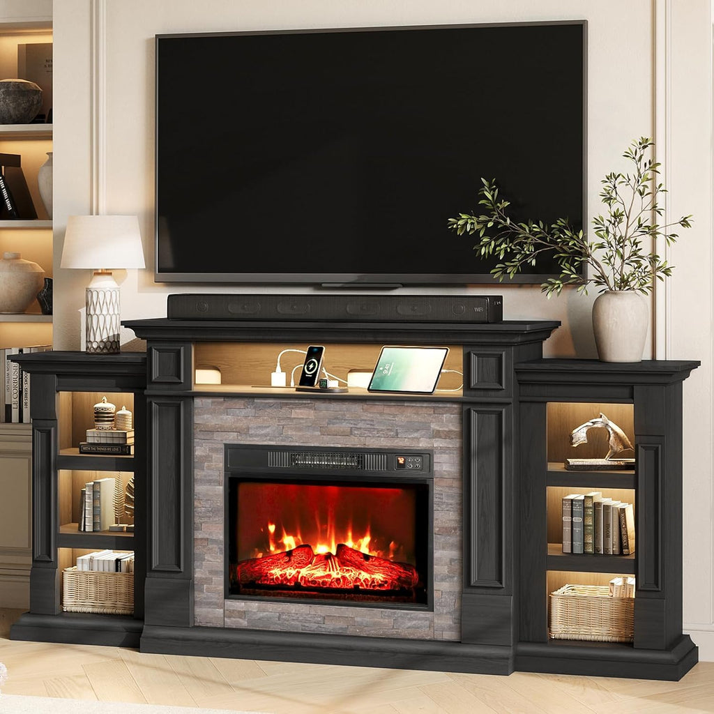 72" LED Fireplace TV Stand with Outlet, Electric Fireplace with Mantel for TVs Up to 80 Inch