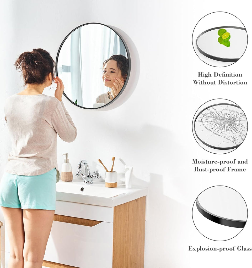 24 Inch Round Wall Mirror with Tempered Glass, Bathroom Mirror Over Sink, Anti-Fog & Waterproof Round Mirror