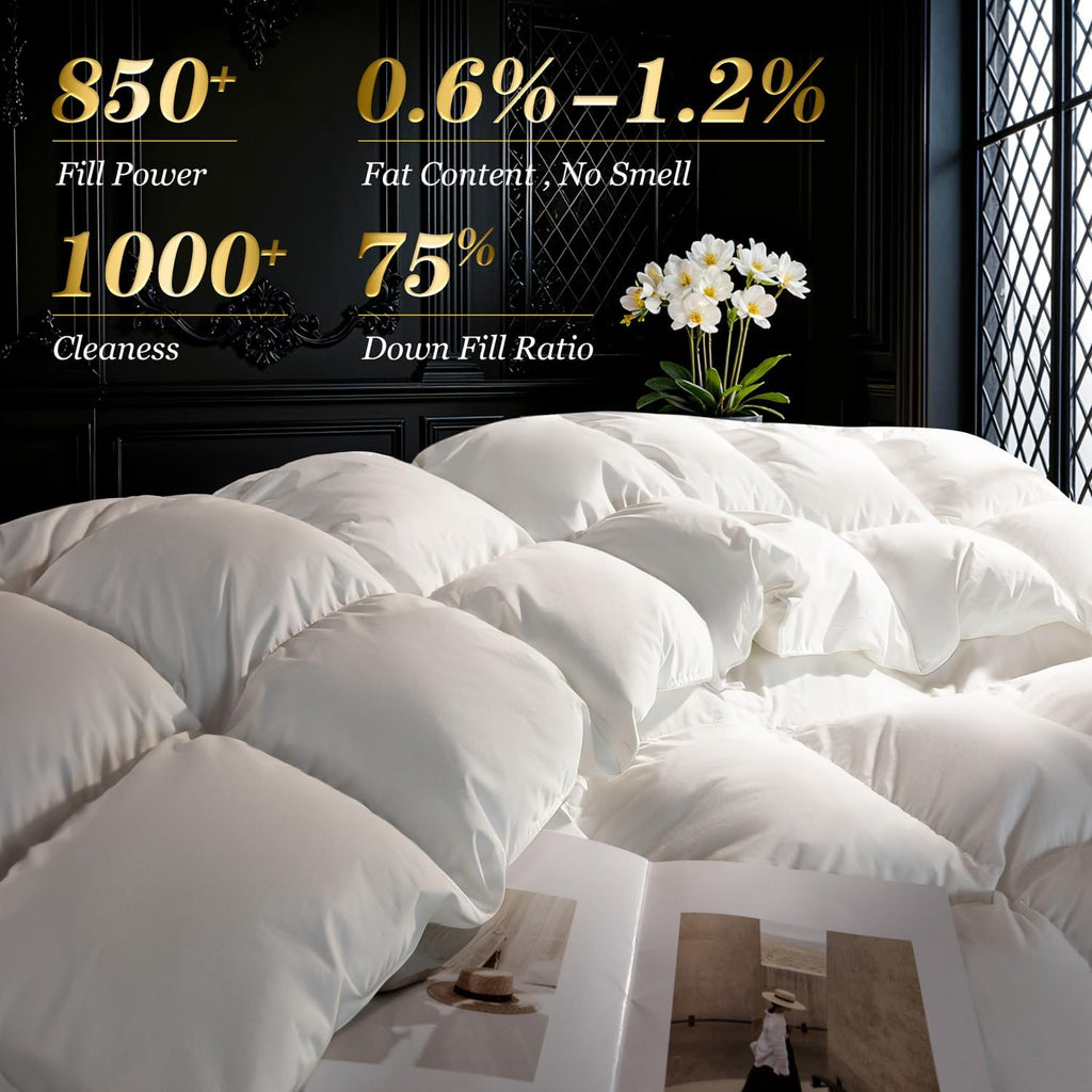 75% Canadian Goose Down Comforter Queen, Ultra Soft 100% Cotton Fabric, 850 Fill Power All Season Du