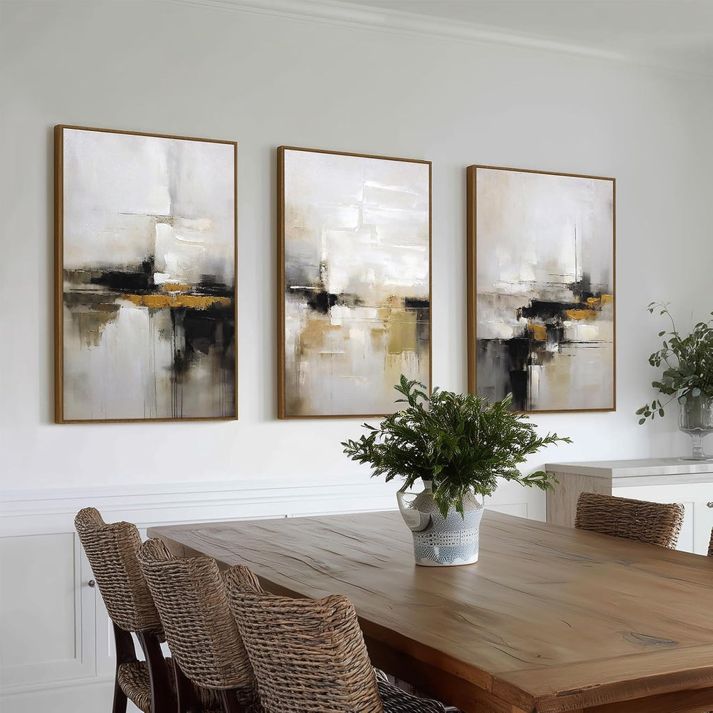 Neutral Abstract Wall Decor Mid Century Modern Framed Wall Art, Black and Brown Grunge Wabi Sabi Art Print Canvas Set
