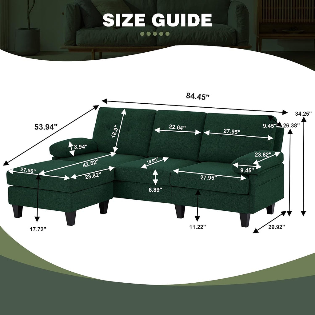 86" Convertible Sectional Sofa, Deep 3-Seat L Shaped Couch with Ottoman and Storage Pocket