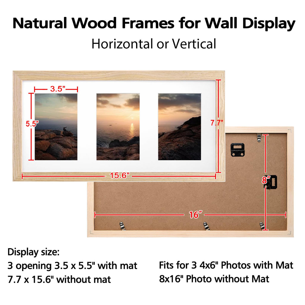 8x16 Panoramic Collage Picture Frame, Natural Solid Wood Frame with HD Plexiglass for Multiple Three 4x6 Photos with