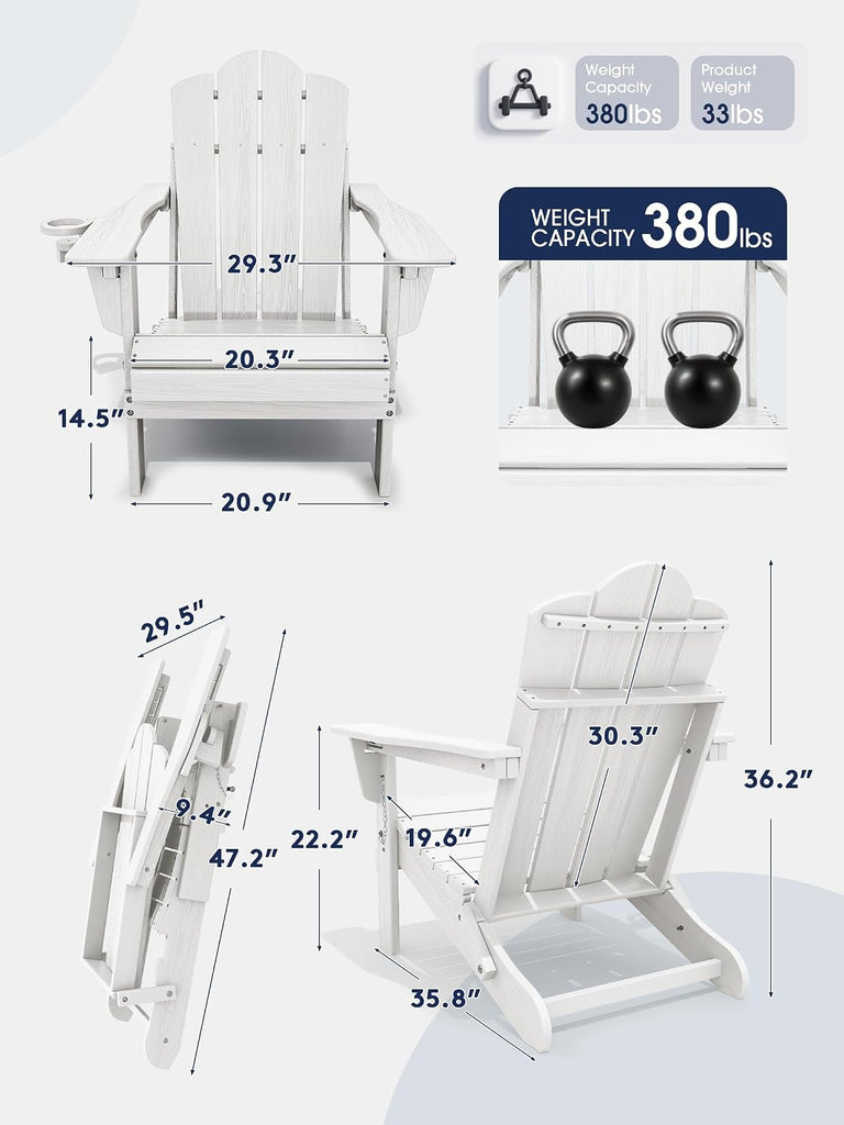Adjustable Adirondack Chairs Set of 2, Folding Outdoor Chair, White | | with Cup Holder | Reclining 3-Position