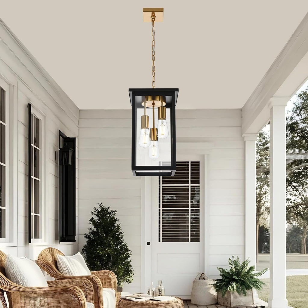 3-Lights Large Outdoor Pendant Light, Modern Black and Brass Exterior Hanging Porch Light with Clear Glass
