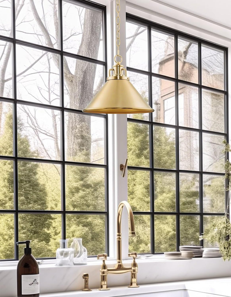 Romine 12" Modern Gold Pendant Light with Cone Metal Shade, Mid-Century Gold Hanging Light, Cool Brass Finish