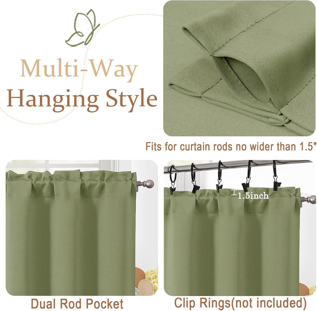 Sage Green Valance for Windows, Small Blackout Kitchen Valance Curtain, Dual Rod Pocket Thermal Insulated Short