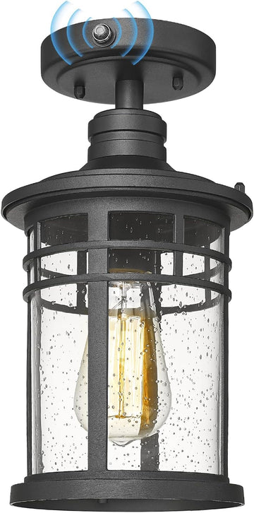Semi Ceiling Light Fixtures, Dusk to Dawn Black Flush Mount Ceiling Lighting with Waterproof Seeded Glass Shade