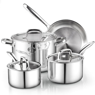 7-Piece Tri-Ply Clad Stainless Steel Cookware Pots & Pans Set | Fully Clad Stockpot & Saucepan with Lids, Fry Pan
