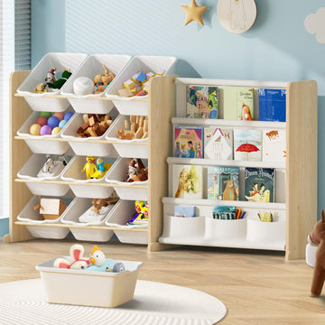 Kids Toy Storage Organizer - Toy Organizer with Bookshelf, Toy Storage with 12 Toy White Bins and 4 Book Shelves, Toy