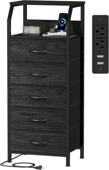 5 Drawers Dresser with Charging Station, Fabric Chest of Drawers with Open Shelf, Tall Night Stand, Bedside Table for