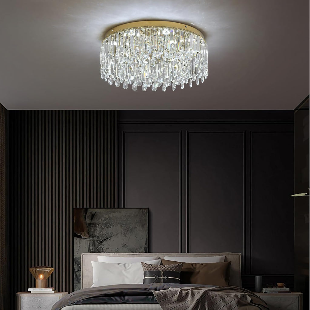 19.7" Gold Crystal Chandelier, Modern Flush Mount Ceiling Light Fixture Luxury Tri-Color LED Lighting for Living Room