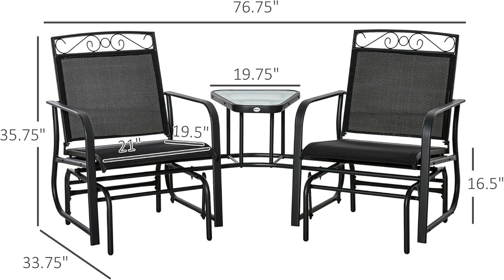 Outdoor Glider Chairs with Coffee Table Patio 2-Seat Black | Rocking Chair Swing, Breathable Sling, Backyard, Garden