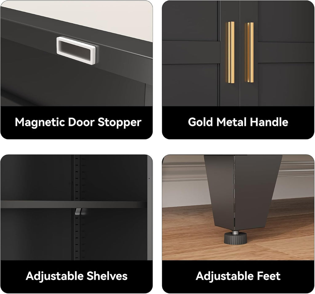 61" Metal Pantry Cabinet in Black, Modern Storage Cabinet with Adjustable Shelves, Sturdy Metal Cupboard Organization