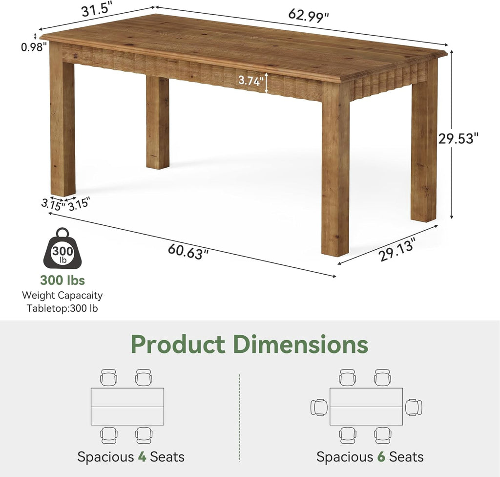 63-Inch Solid Wood Dining Table for 6, Farmhouse Kitchen Table with Heavy Duty Legs, Rectangular Wood Dinner Table
