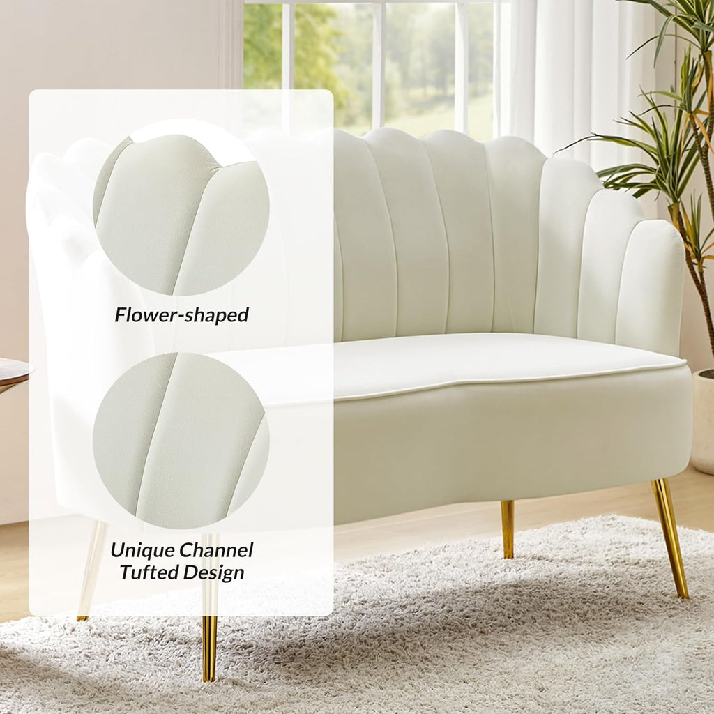 Velvet Loveseat Sofa with Gold Metal Legs and Flower-Shaped Back - Modern 2-Seater Accent Couch