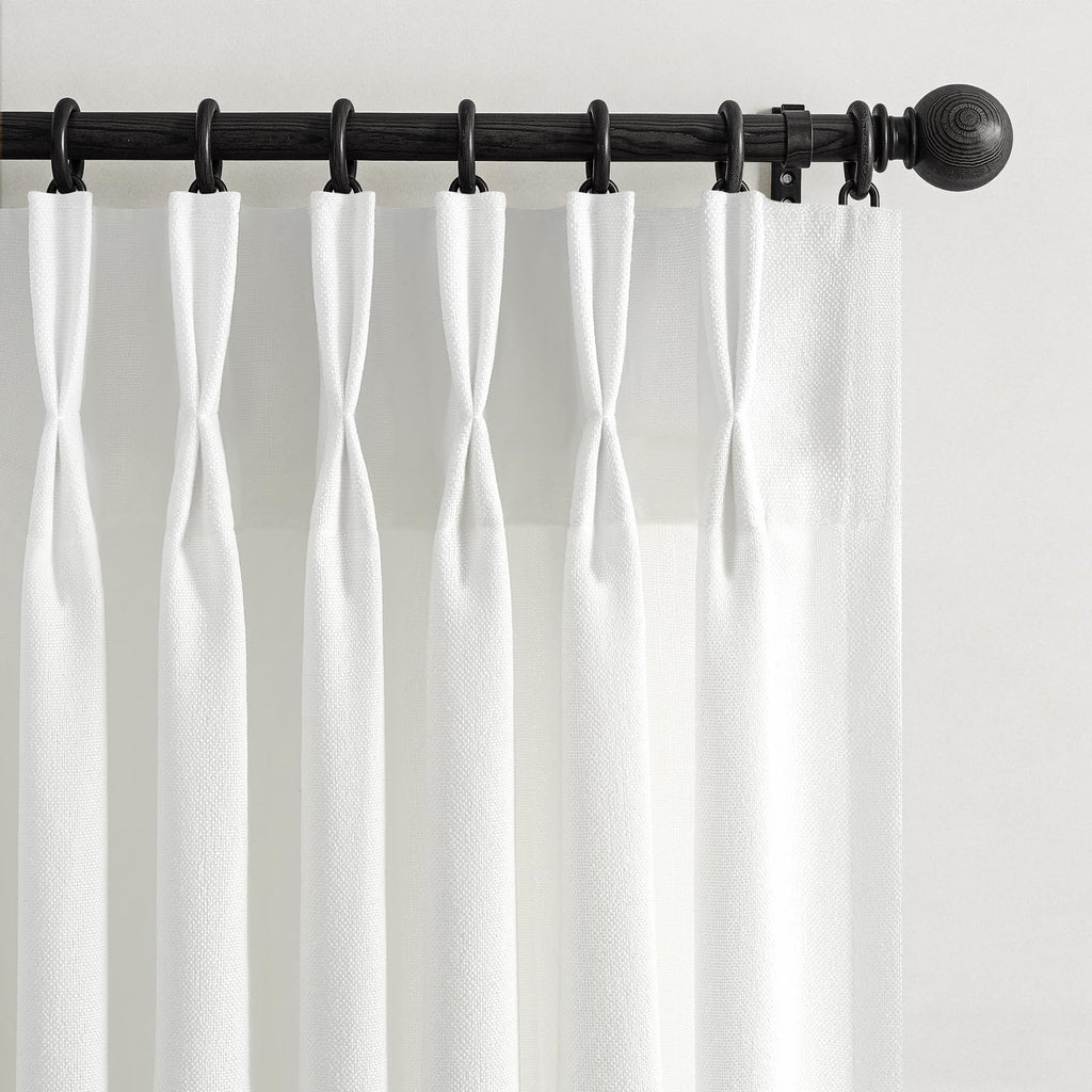 Pinch Pleat Pure White Semi Sheer Curtains 96 Inches Long, Memory Trained Thick Natural Linen Curtain Light