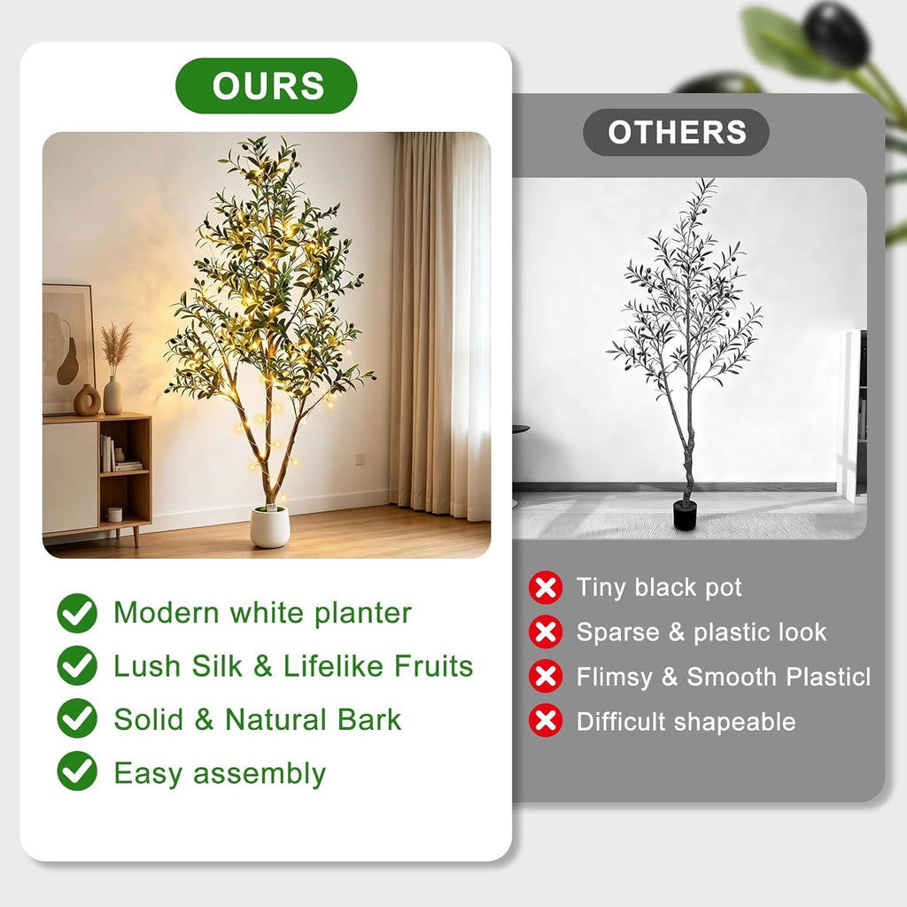 6FT Artificial Olive Tree Indoor with Lights & Planter, Realistic Faux Olive Trees with Lifelike Fruits Decor, Tall
