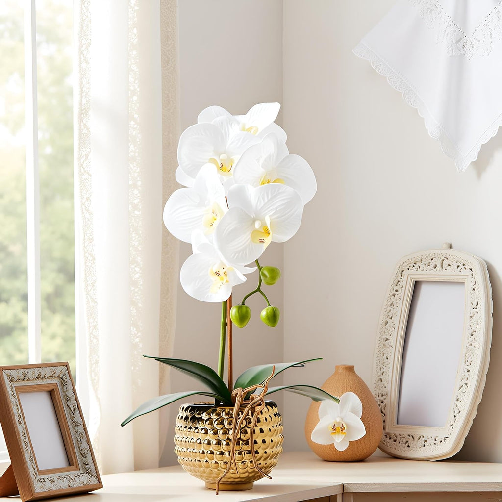 Orchids Artificial Flowers, 15" Faux Orchid in Gold Flower Pot Real Touch Flowers in Pot Large Flower Arrangements