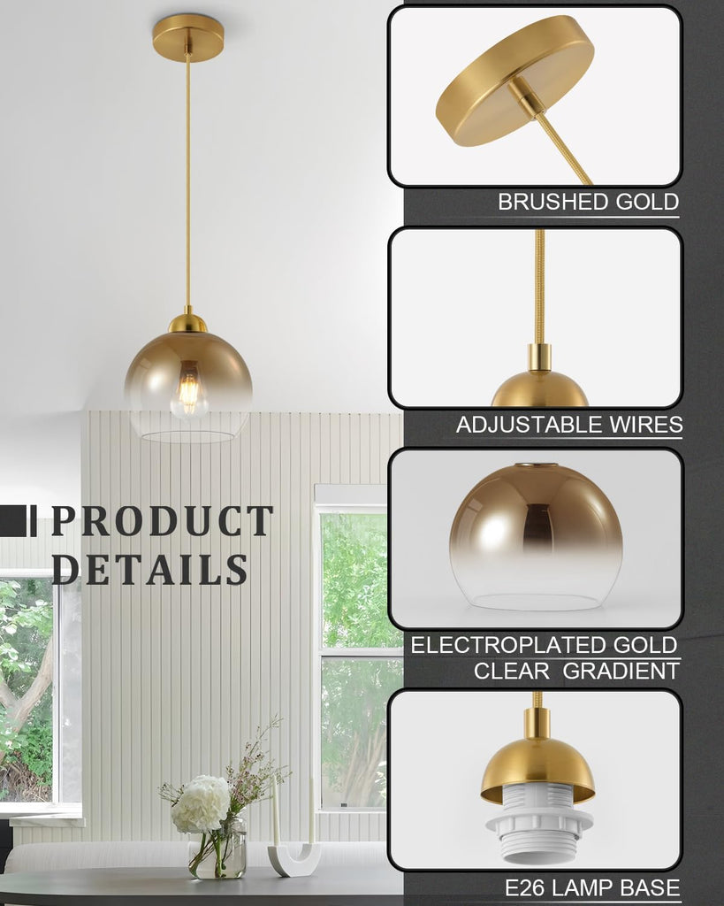 Modern Gradient Gold Glass Pendant Light，7.8-Inch Globe Adjustable Hanging Pendant Light for Bedroom Kitchen Island