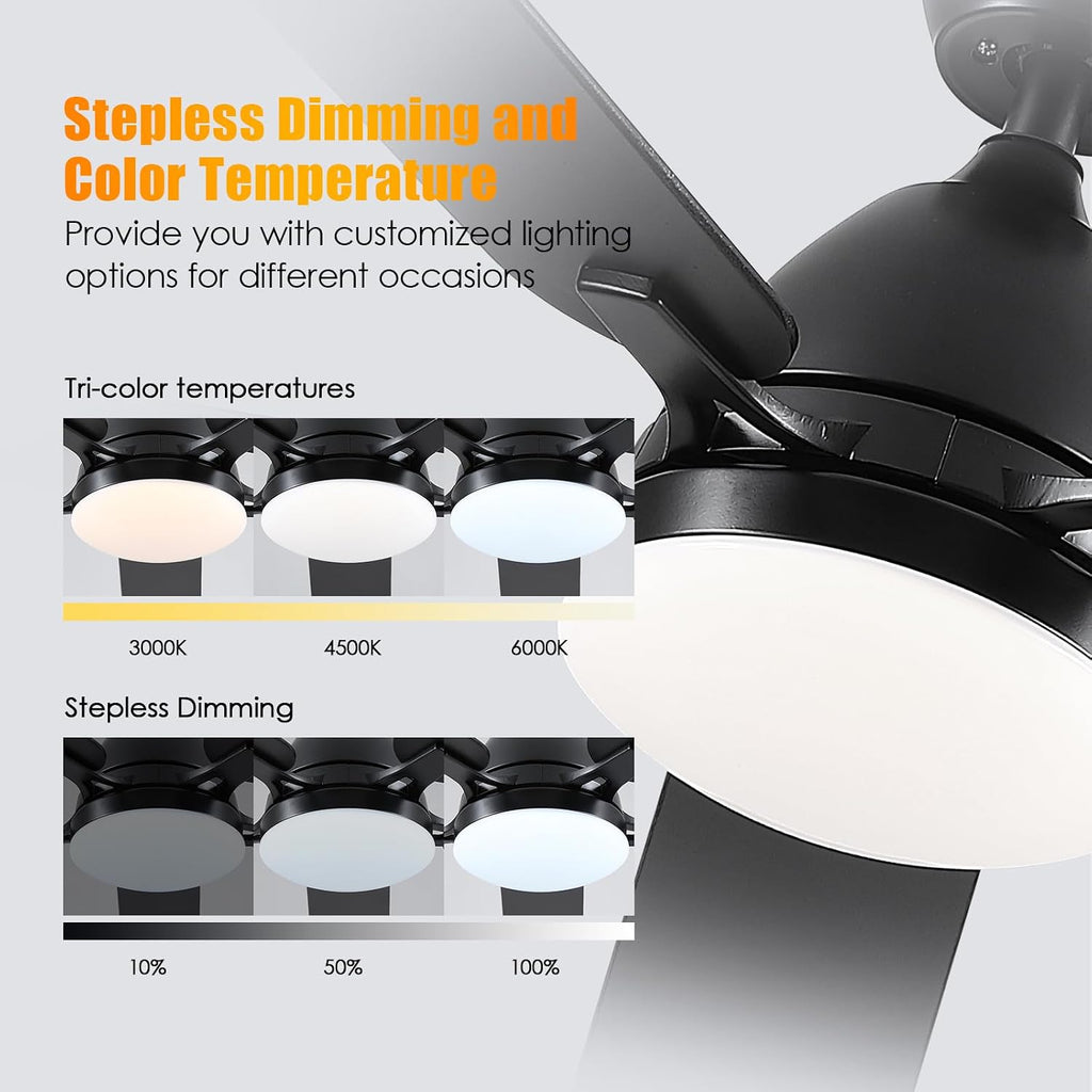 Ceiling Fans with Lights, 52 Inch Low Profile Ceiling Fan with Light and Remote Control,Reversible, 3CCT, Dimmable, Quiet, Black Ceiling Fan for Bedroom Indoor/Outdoor Use