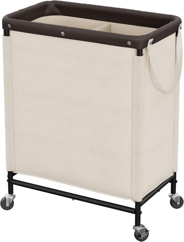 2 Section Laundry Hamper, 100L Beige Sorter Cart with Wheels