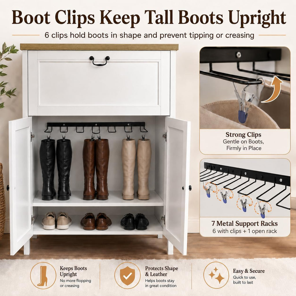 Shoe Cabinet with Flip Drawer, Shoe Storage Cabinet with Boot Rack and 6 Boot Clips, Narrow Entryway Shoe Cabinet