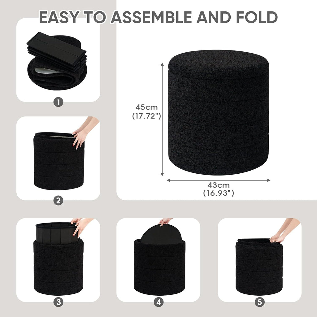 Round Storage Ottoman Foot Rest Stool with Tray Velvet Sherpa Folding Storage Ottoman,Boucle Foot Rest,Black Color
