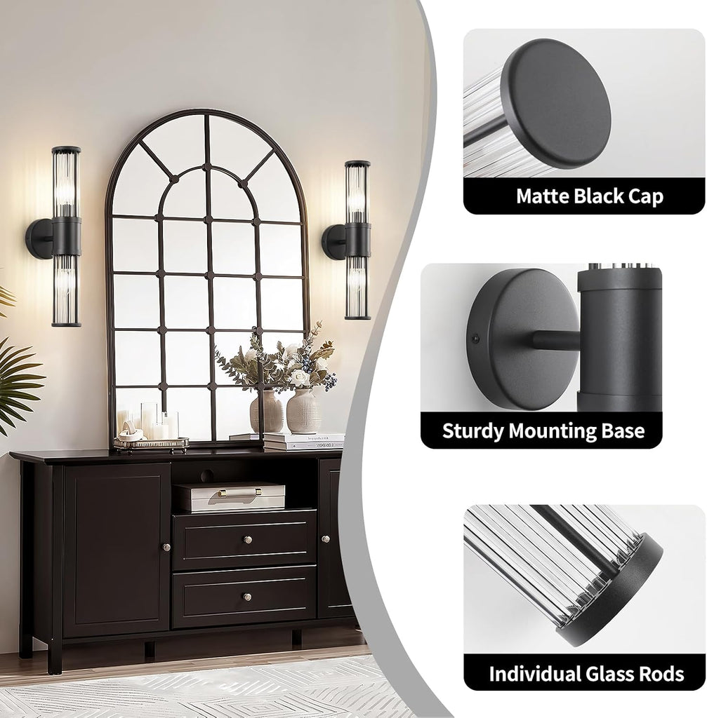 19.69" Modern Bathroom Wall Sconce Light Fixture, Black Glass Rod Vanity Light with E12 Base, Up or Down Mounting for
