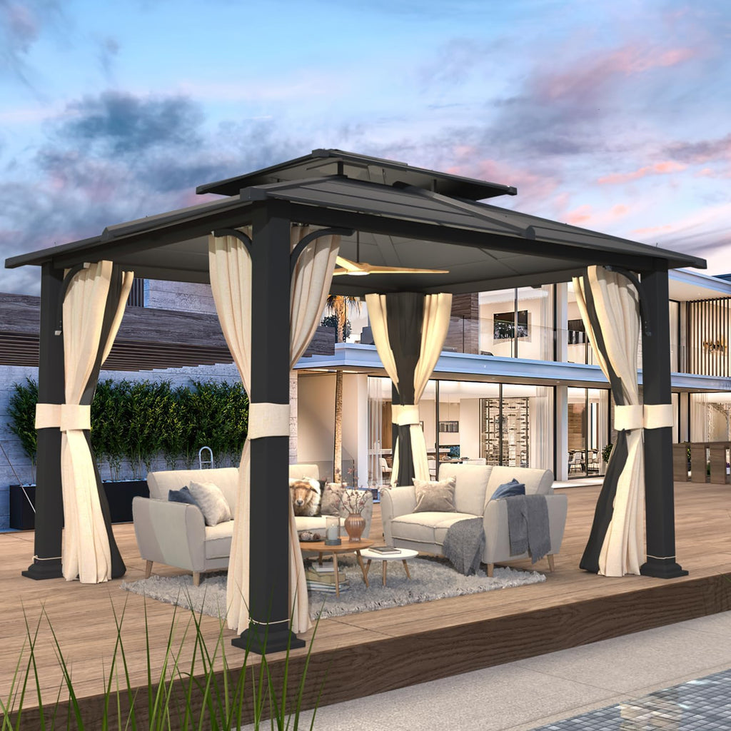 10'x12' Hardtop Gazebo, Double Metal Roof Canopy with Aluminum Frame, Netting and Shaded Curtains Included
