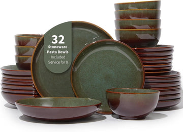32 Piece Double Bowl Dinnerware Sets with Pasta Bowls, Highly Chip and Crack Resistant Plates and Bowls Sets
