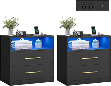 Custos Collection - Set of 2, 23.6 Inch Wide Nightstands with Charging Station, LED Lights, Modern Night Stands, Side