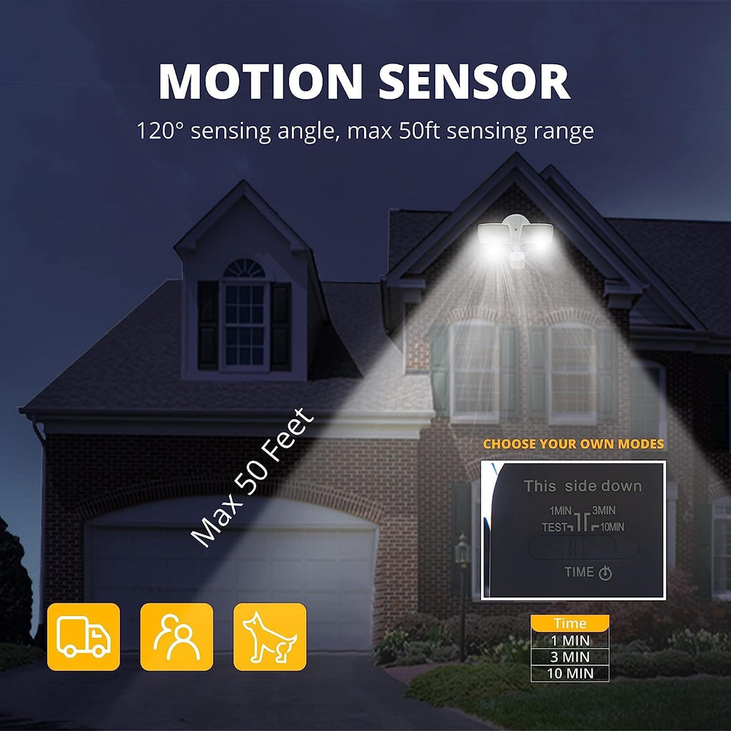 19W LED Flood Light Motion Sensor Outdoor, 2 Adjustable Head, 2000LM, 5000K, IP65 Waterproof, Dusk to Dawn Security