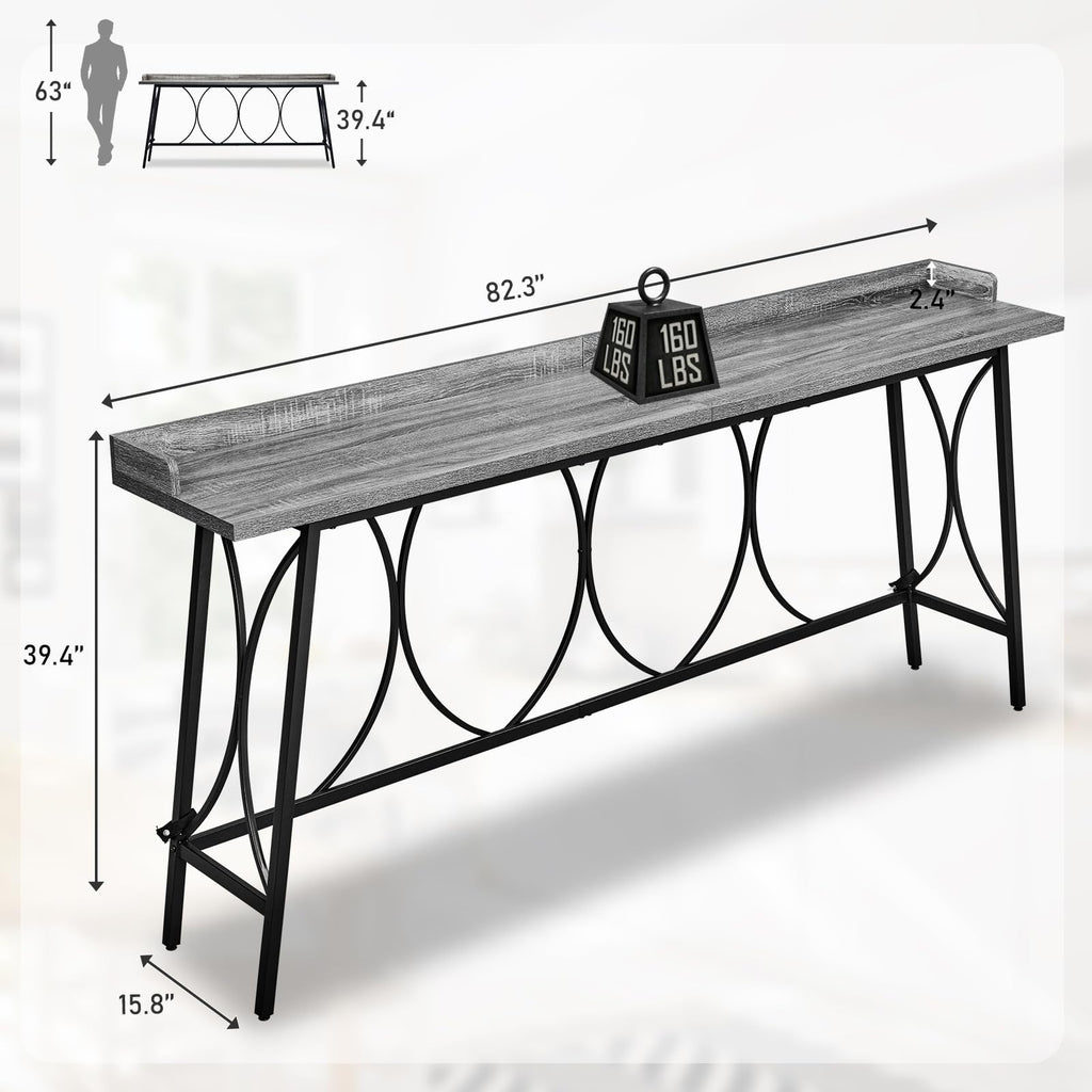 82.3" Bar Table, Counter Height Table with Back Rail, Wash Gray