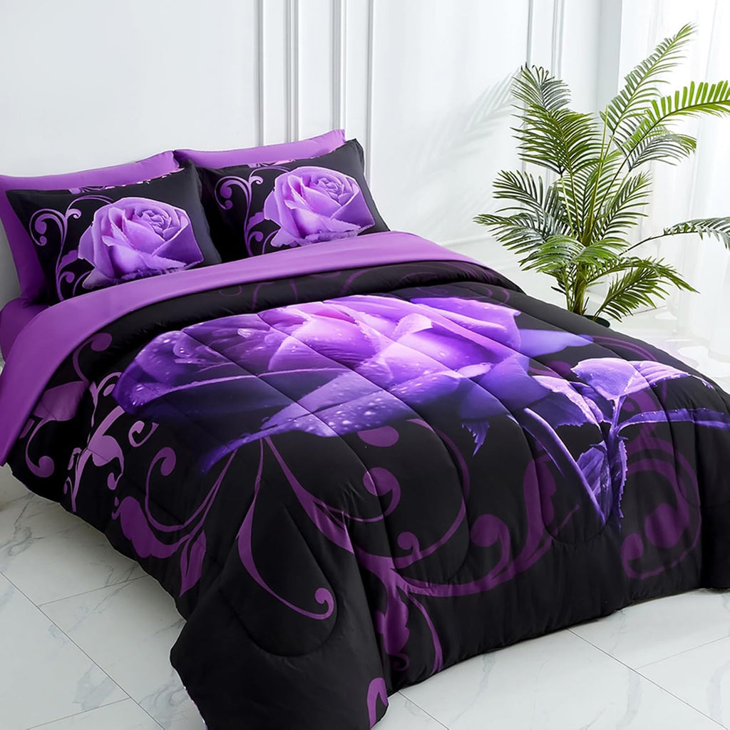 Purple Comforter Set, Reversible Purple Rose 7 Pieces Bed in a Bag