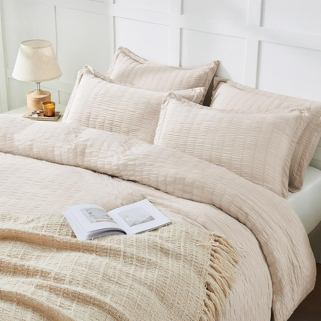 Beige Duvet Cover, Super Soft Seersucker Duvet Cover Set, 3-Piece Lightweight Duvet Cover with Zipper