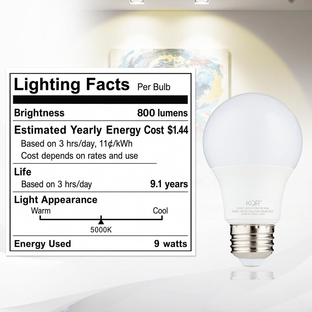 6 Pack A19 LED Light Bulb, 60W Equivalent, 5000K Bright White, 800 Lumens, Efficient 9 Watt Replacement Bulbs with E26 Standard Base, 15000 Long Life Hours, Non-Dimmable, 80+ CRI, UL Listed