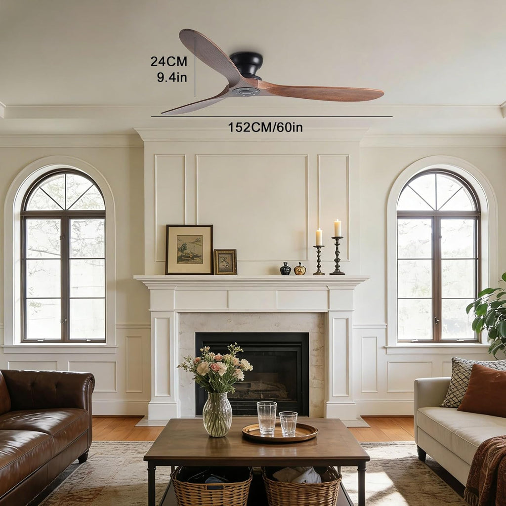 Solid Wood 60in Ceiling Fan Without Lights Flush Mount Ceiling Fans with Remote Control 6 Speeds